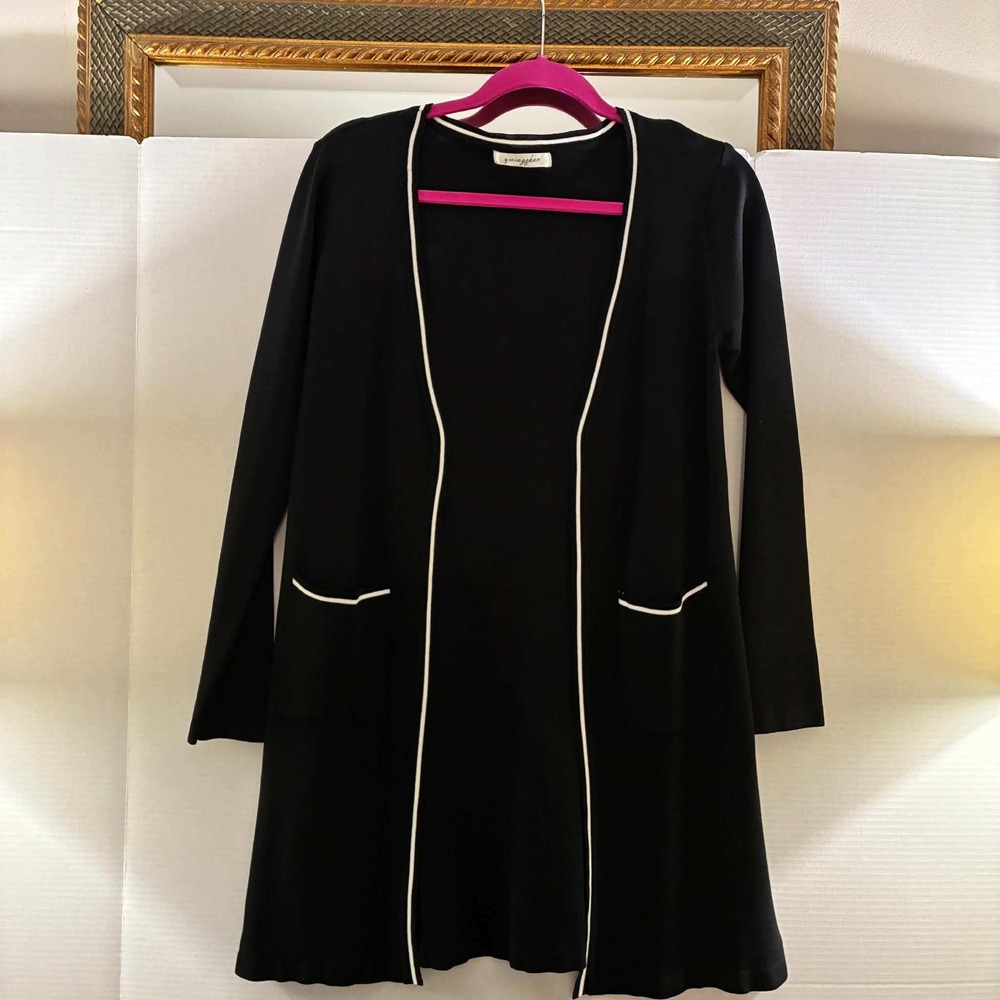 Qixingzhan Longline Cardigan Womens Black White Clean Only Graphic Duster